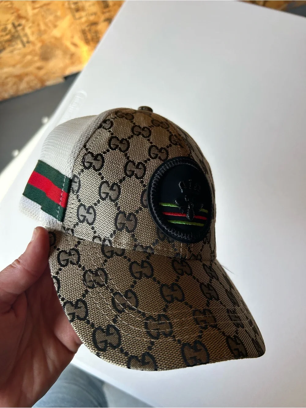 Canvas Baseball Cap with Black Bee Patch and Green-Red Stripe